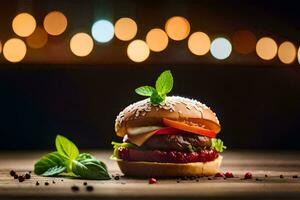 a hamburger with cheese, lettuce and tomato on a wooden table. AI-Generated photo