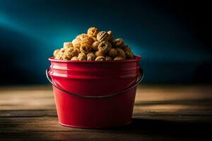 a red bucket filled with nuts on a wooden table. AI-Generated photo