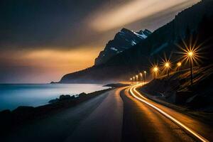 a long exposure photo of a road and mountain at night. AI-Generated