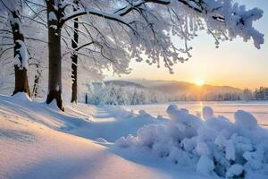 winter is coming, the sun is setting over a snowy field. AI-Generated photo