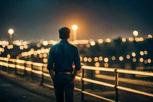 un hombre en pie en un puente mirando a el luces de el ciudad. generado por ai foto