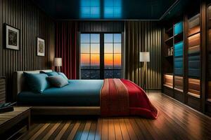 a bedroom with wooden floors and a view of the city. AI-Generated photo