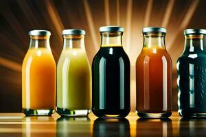 a row of bottles of different colored juices. AI-Generated photo