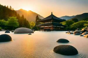 el Dom sube terminado un pagoda en el medio de un lago. generado por ai foto