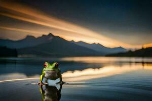 a frog standing on the edge of a lake at sunset. AI-Generated photo