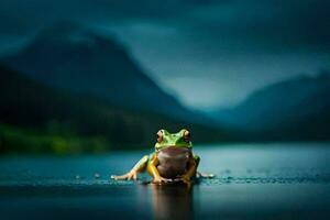 a frog sitting on the edge of a lake in the dark. AI-Generated photo