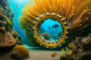 a circular window in the ocean with coral and an anemone. AI-Generated photo