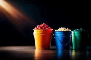 three buckets of popcorn on a dark table. AI-Generated photo