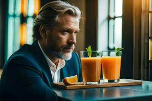 un hombre en un traje se sienta a un mesa con dos lentes de naranja jugo. generado por ai foto