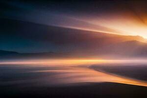 sunlight shining through the fog on a beach. AI-Generated photo
