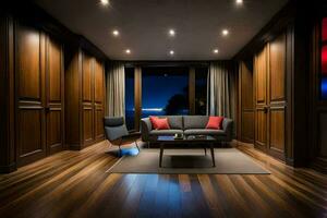 a living room with wooden paneling and a couch. AI-Generated photo