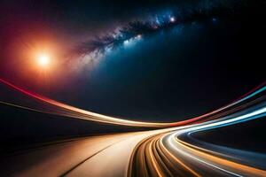 un largo exposición fotografía de un autopista con ligero caminos. generado por ai foto