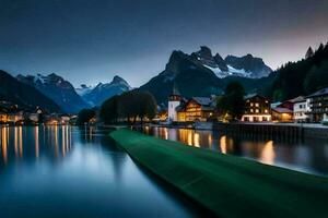 un río y montañas a noche. generado por ai foto