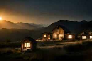 a cabin in the mountains at sunset. AI-Generated photo