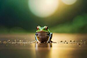 a frog sitting on the ground with a blurry background. AI-Generated photo