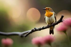 un pájaro sentado en un rama con rosado flores generado por ai foto