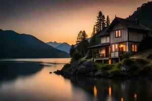 a house sits on the shore of a lake at sunset. AI-Generated photo