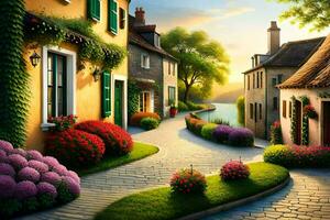 a painting of a street with flowers and houses. AI-Generated photo