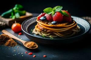 pancakes with berries and spices on a black plate. AI-Generated photo