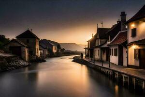 un río carreras mediante un pueblo a puesta de sol. generado por ai foto