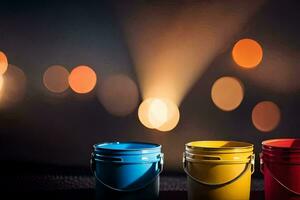 three buckets with different colors on a dark background. AI-Generated photo