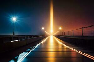 un largo puente con luces a noche. generado por ai foto