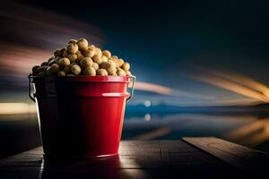 a bucket of peanuts sitting on a table. AI-Generated photo