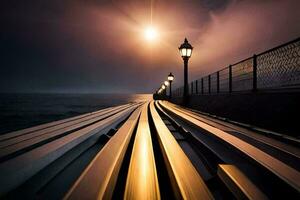 un largo muelle con un ligero a el fin. generado por ai foto