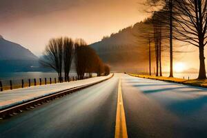 a long exposure photograph of a road with trees and water. AI-Generated photo