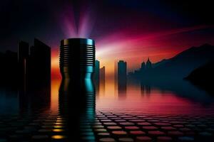 a flashlight is shining in front of a city. AI-Generated photo