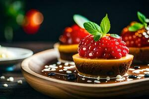 three desserts on a wooden plate. AI-Generated photo