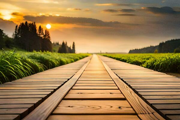 a wooden path leading to the sunset. AI-Generated