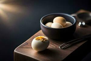 a bowl of eggs and spoons on a wooden table. AI-Generated photo