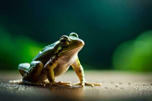 un rana es sentado en el suelo con un verde antecedentes. generado por ai foto