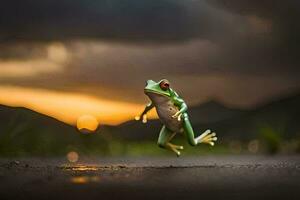 a frog jumping on the ground at sunset. AI-Generated photo