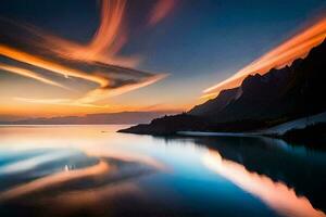 the sun sets over a lake and mountains. AI-Generated photo