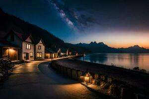 photo wallpaper the sky, mountains, lake, house, the road, the moon, the stars. AI-Generated