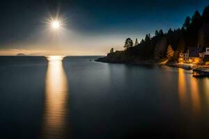 el Luna brilla brillantemente terminado un lago y un casa. generado por ai foto