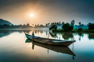 a man is standing on a boat in the middle of a lake. AI-Generated photo