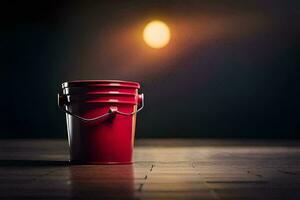 a red bucket sitting on a wooden floor. AI-Generated photo