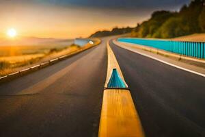 un largo la carretera con un azul línea en él. generado por ai foto