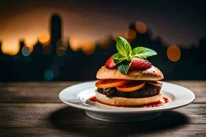 a hamburger with strawberries and a cityscape in the background. AI-Generated photo