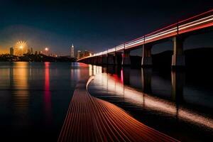 un puente terminado agua con un ciudad horizonte en el antecedentes. generado por ai foto