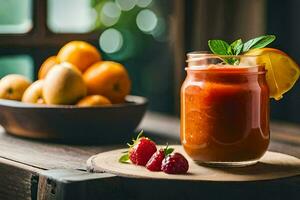 a glass jar with a strawberry and orange juice on a wooden table. AI-Generated photo