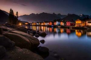 foto fondo de pantalla el cielo, montañas, agua, casas, el mar, el montañas, Noruega. generado por ai