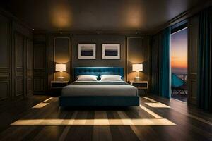 a bedroom with a large bed and wooden floors. AI-Generated photo