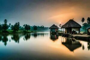 a small hut sits on the shore of a lake at sunset. AI-Generated photo