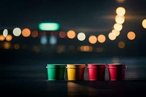 three colorful plastic cups sit on a table in front of a street. AI-Generated photo