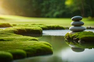 a stack of stones sitting on top of mossy ground. AI-Generated photo