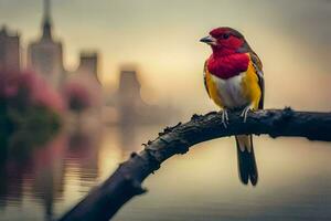 un vistoso pájaro se sienta en un rama cerca un cuerpo de agua. generado por ai foto